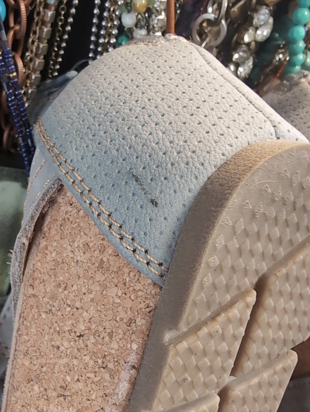 Lace-Up Leather Light Blue Gladiator Cutout Cork Wedge Sandals - Picture 10 of 12